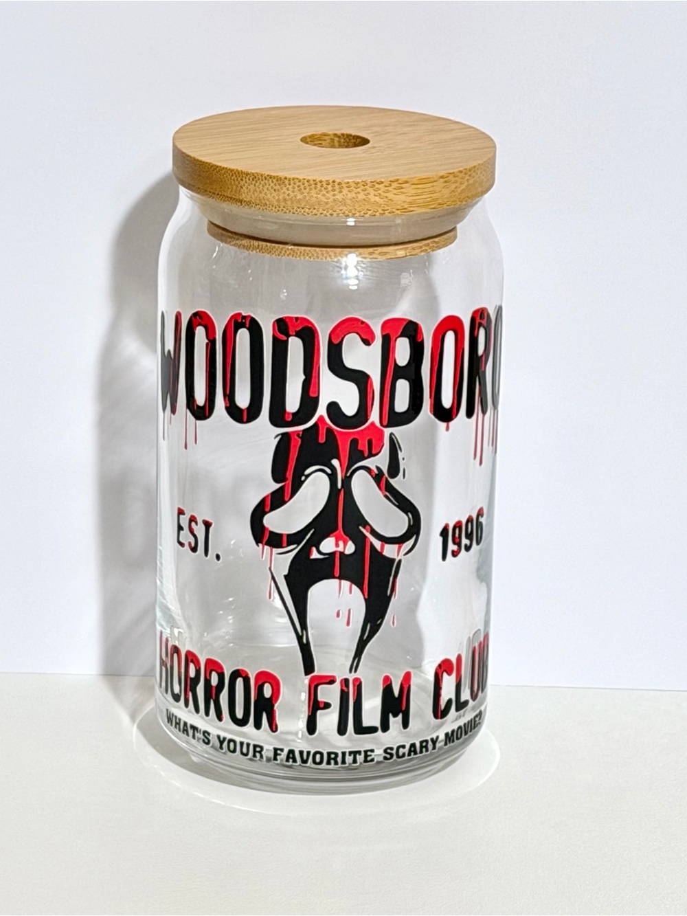 Woodsboro Horror Film Club 16oz Libby Can Glass Tumbler with Bamboo Lid